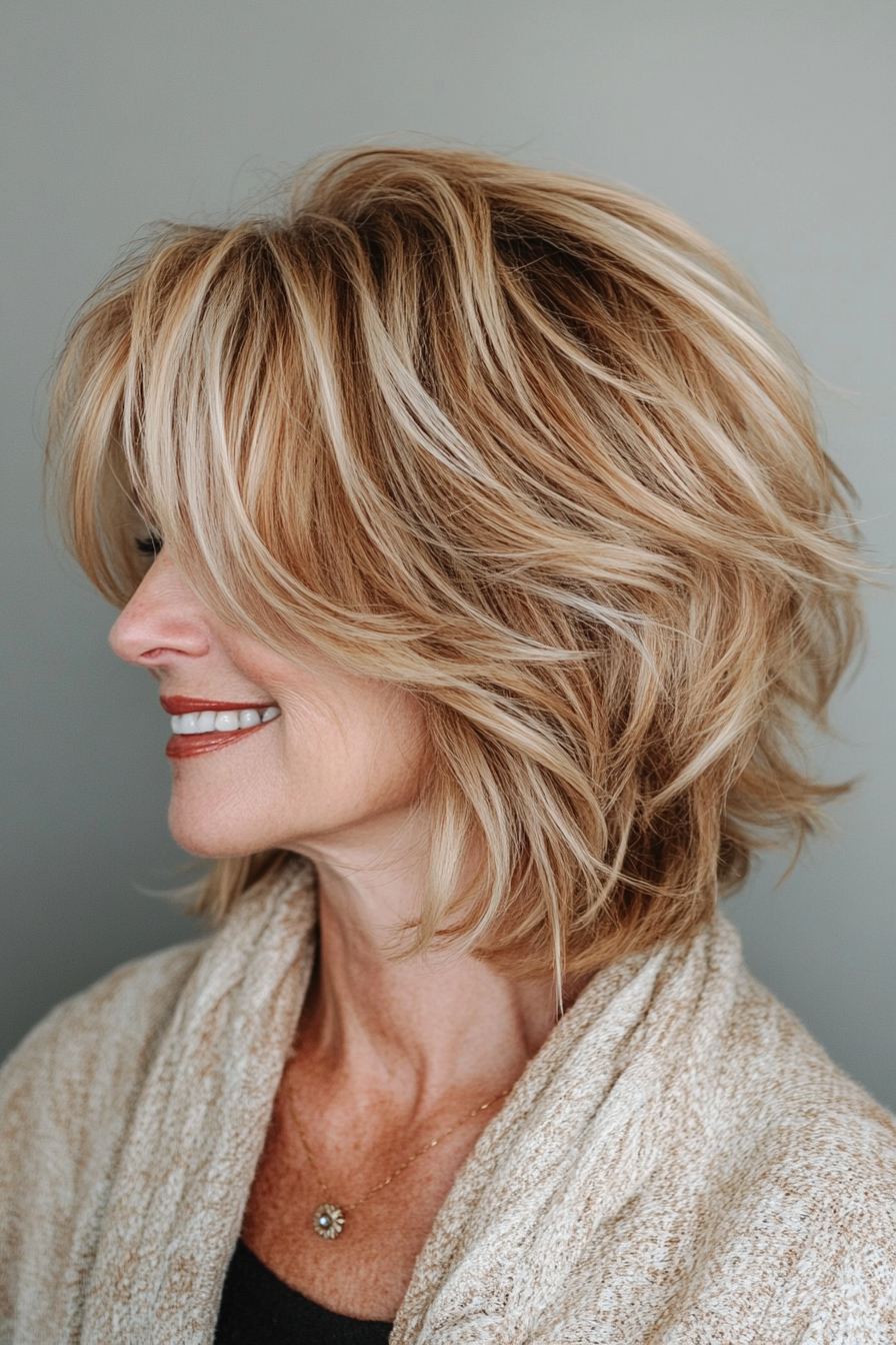 12. Caramel Blonde Shaggy Bob (Bob Hairstyles For Older Women) - Bob Hairstyles For Older Women