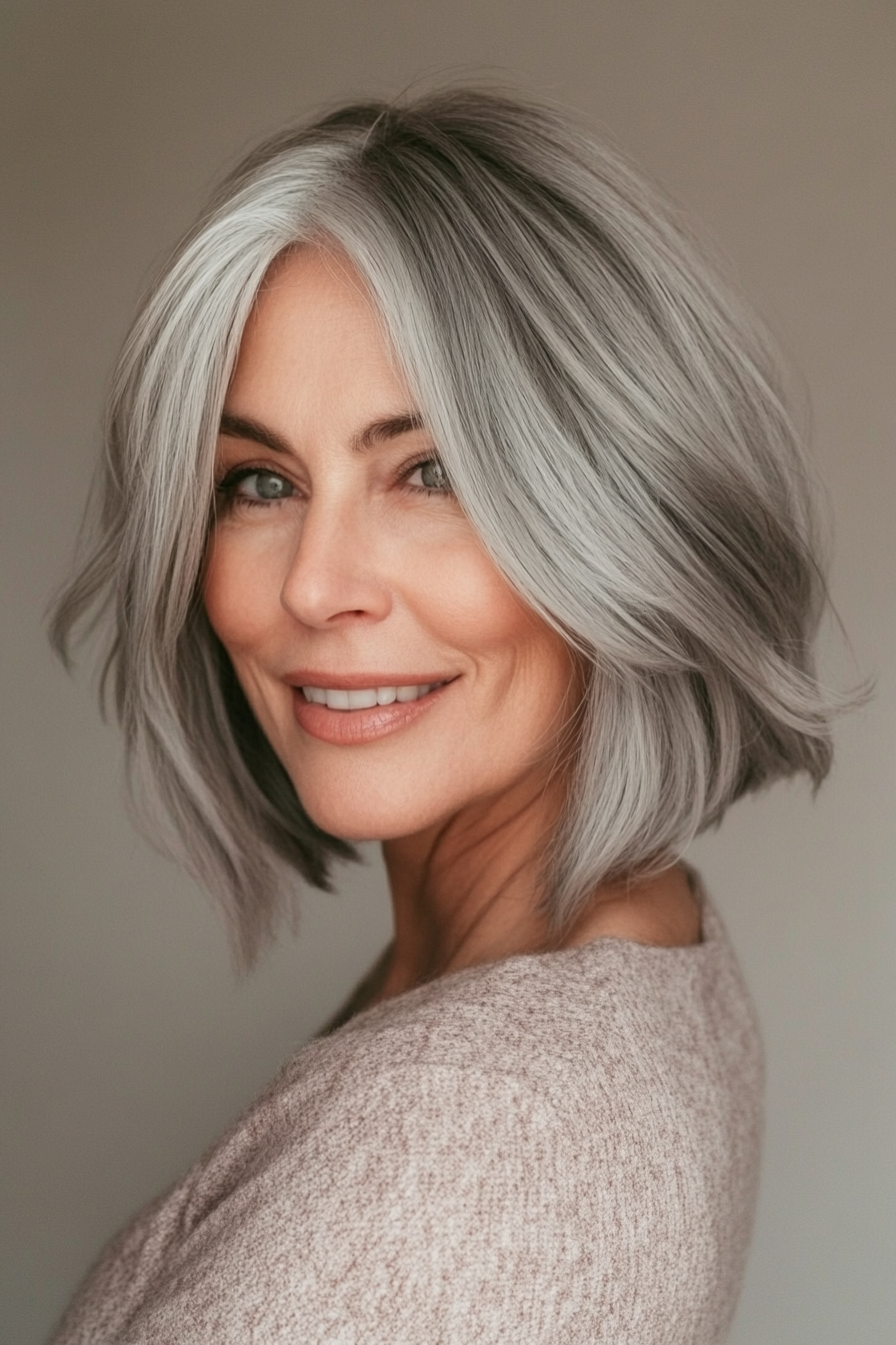 15. Short Gray Stacked Bob (Bob Hairstyles For Older Women) - Bob Hairstyles For Older Women