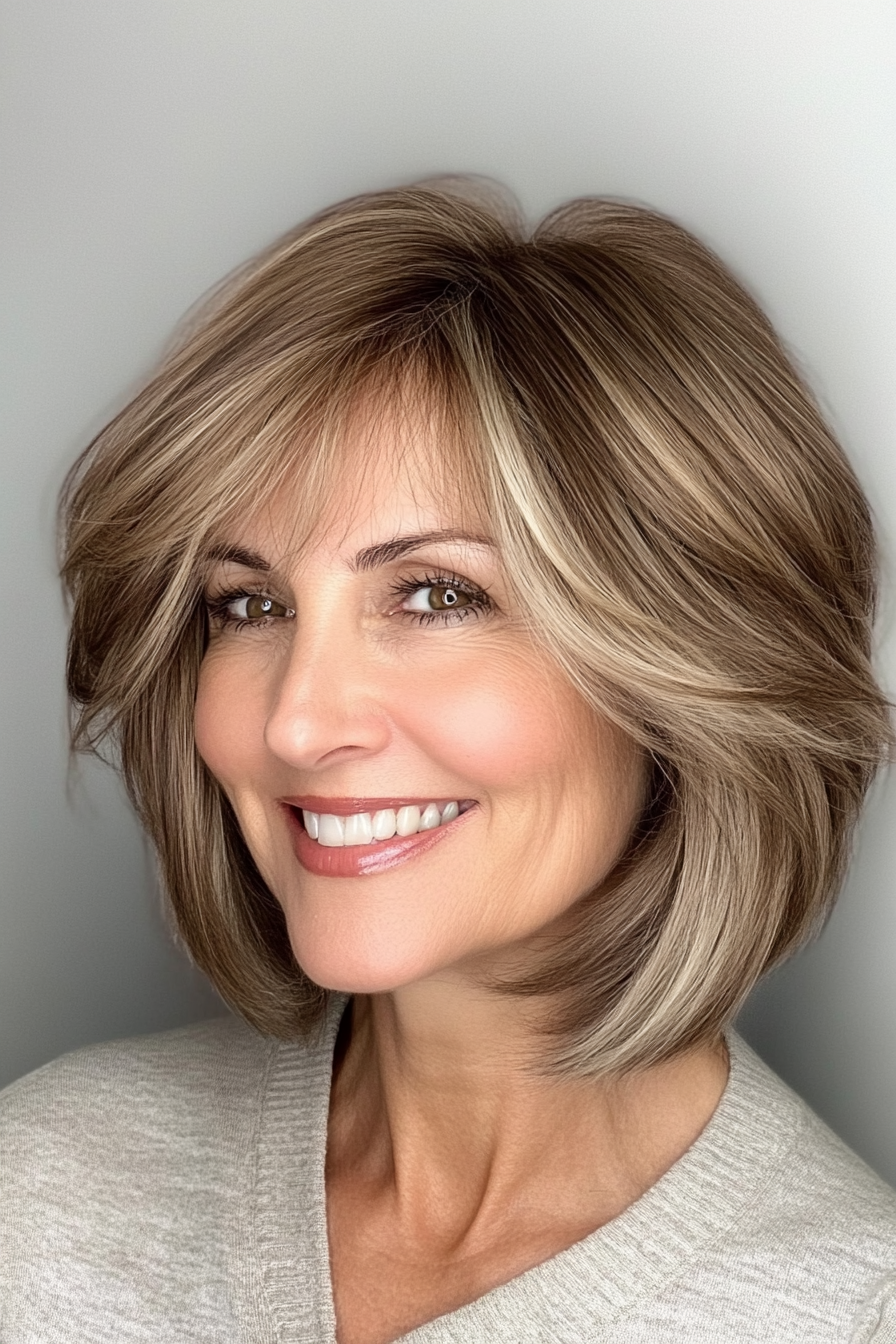 16. Ash Brown Feathered Bob (Bob Hairstyles For Older Women) - Bob Hairstyles For Older Women