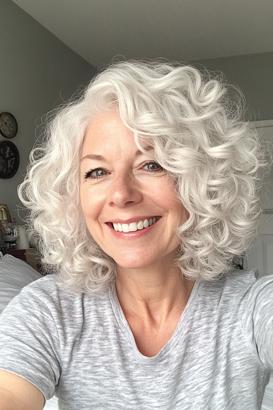 18. Soft White Curly Bob (Bob Hairstyles For Older Women) - Bob Hairstyles For Older Women