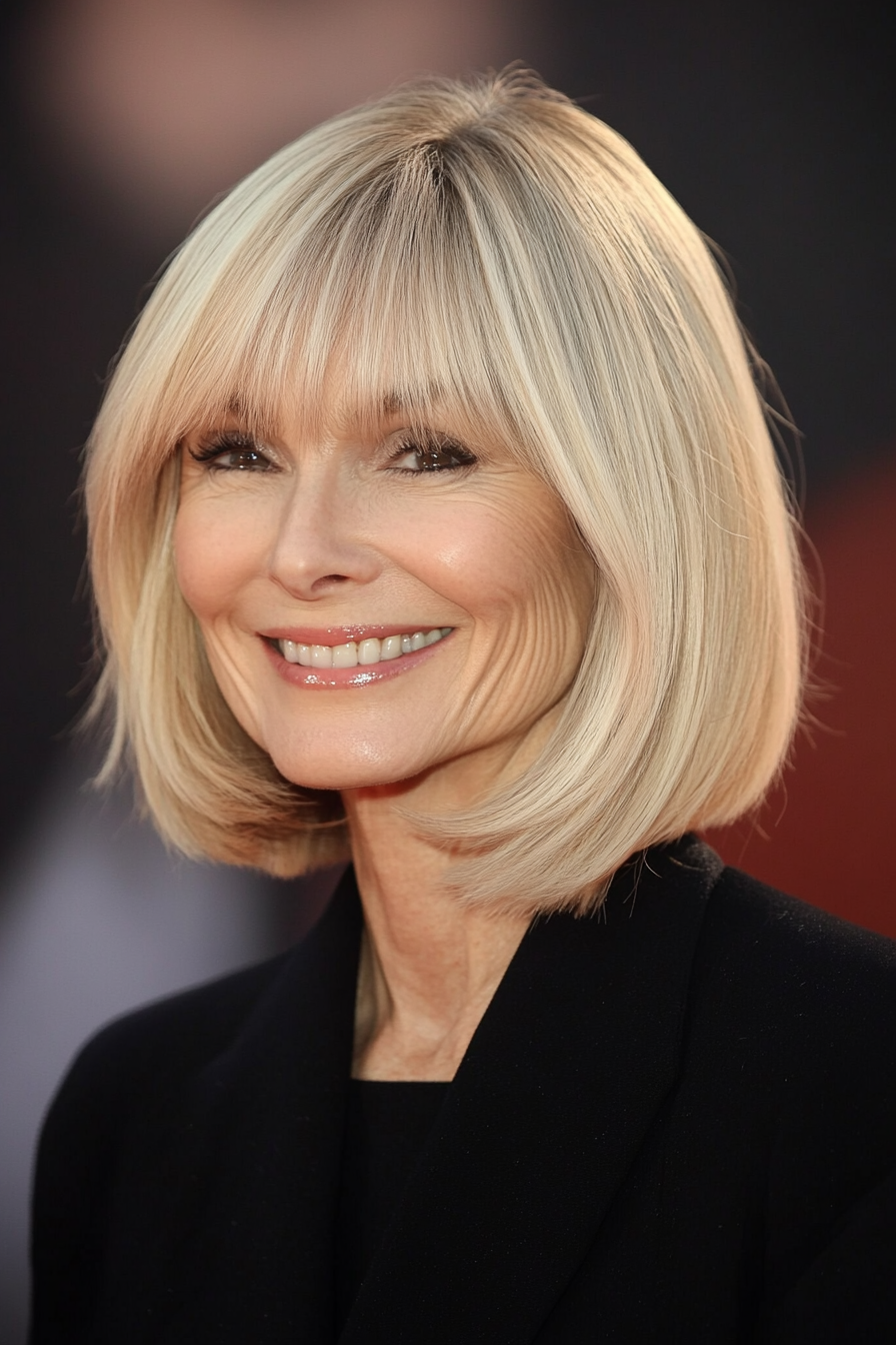 19. Warm Honey Blonde Bob with Bangs (Bob Hairstyles For Older Women) - Bob Hairstyles For Older Women