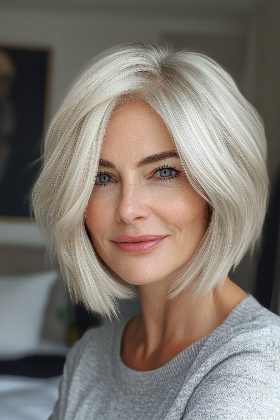 26. Platinum Blonde Bob with Layers (Bob Hairstyles For Older Women) - Bob Hairstyles For Older Women