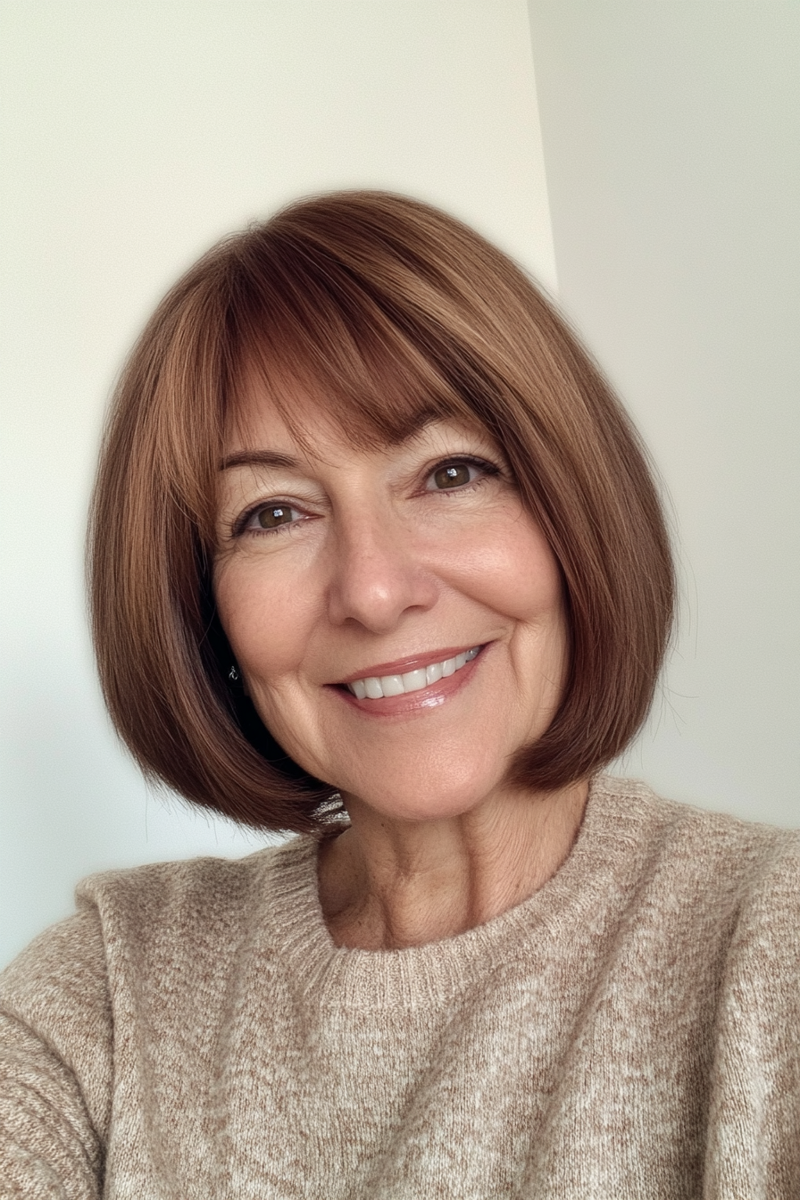 4. Soft Brown Bob with Side Bangs (Bob Hairstyles For Older Women) - Bob Hairstyles For Older Women