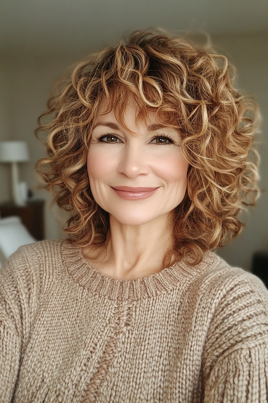 7. Layered Curly Lob in Caramel Brown (Short Curly Hairstyles For Older Women) - Short Curly Hairstyles For Older Women